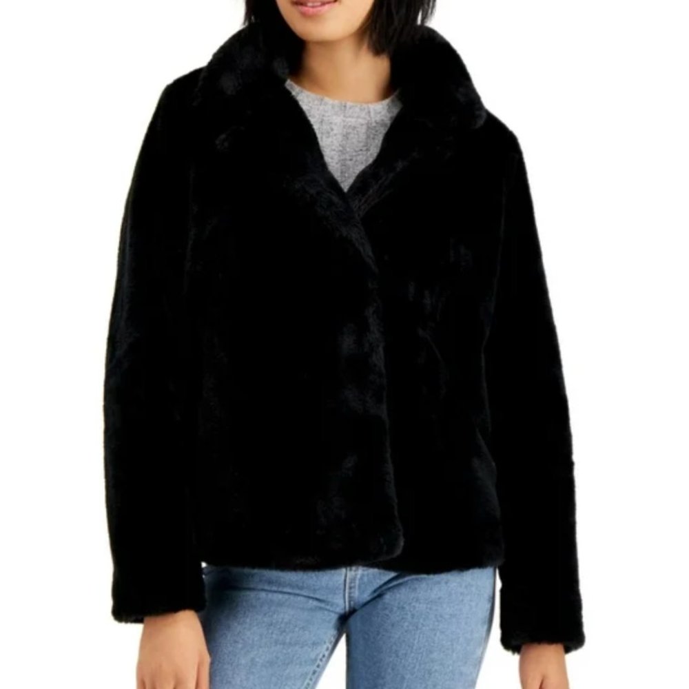 Jou Jou Black Notch-Collar Faux-Fur Jacket Coat - Picture 8 of 8
